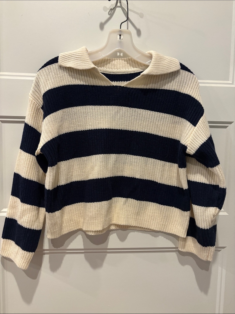 SHEIN Navy and Cream Striped Knit Sweater with Open Collar